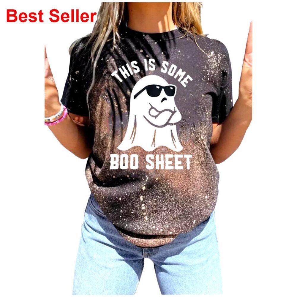Halloween Ghost Graphic Bleached T-Shirt, Women's Short Sleeve Crew Neck Tee